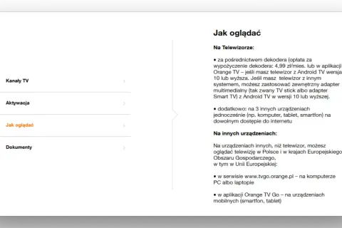 Jak oglądać Orange TV Go na telewizorze? Można przez dekoder, adapter multimedialny lub aplikację na Smart TV.