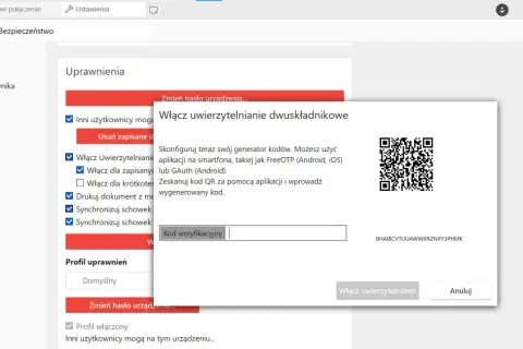 Konfiguracja uwierzytelniania dwuskładnikowego w AnyDesk. Skanowanie kodu QR do udostępnianie ekranu.