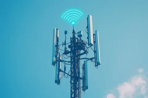 Wieża telekomunikacyjna z antenami, symbolizująca zasięg internetu radiowego.