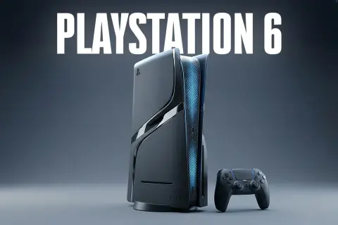 Kiedy nadejdzie ps6? Futurystyczna konsola PlayStation 6 i kontroler na ciemnym tle.