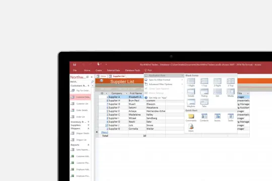 Widok listy dostawców w programie **ms access**. Widoczne kolumny: ID, Firma, Imię, Nazwisko.
