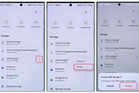 Jak sformatować kartę SD: wybierz USB storage, kliknij trzy kropki, a następnie "Format". Potwierdź formatowanie.