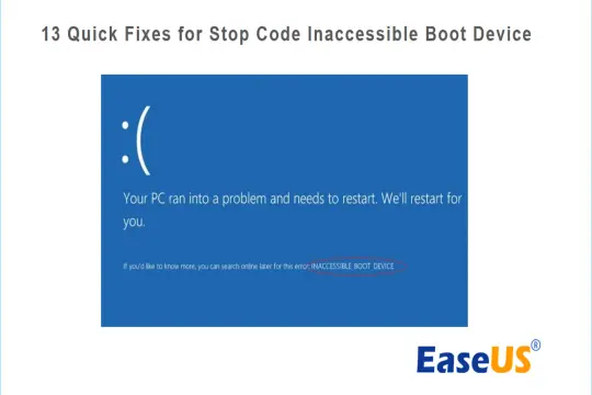 Niebieski ekran błędu Windows z komunikatem "INACCESSIBLE BOOT DEVICE". Artykuł "13 Quick Fixes for Stop Code Inaccessible Boot Device".