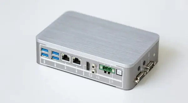 Srebrna, kompaktowa obudowa z licznymi portami: USB, LAN, HDMI, audio, zasilanie DC, COM i VGA. Idealne rozwiązanie do zastosowań sieciowych, np. jako router z funkcją CGNAT.