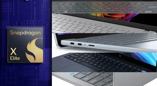 Logo Snapdragon X Elite obok klawiatur laptopów. Nowa era wydajności.