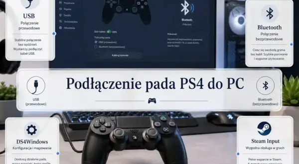Jak podłączyć pada PS4 do PC: USB przewodowo dla stabilności, Bluetooth bezprzewodowo dla swobody. DS4Windows i Steam Input ułatwiają konfigurację.
