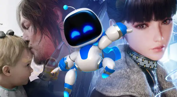 Astro Bot, bohater wielu fajnych gier na PS5, otoczony postaciami z gier.