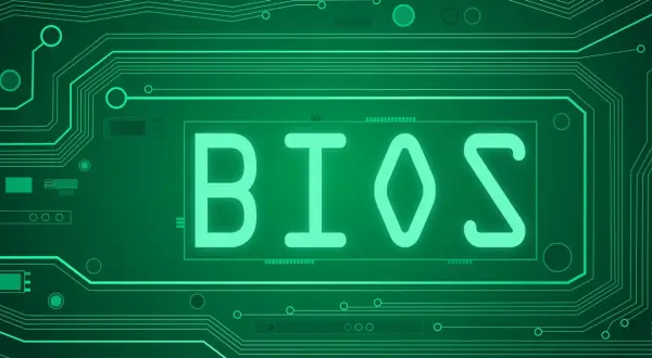 Zielone linie obwodu drukowanego tworzą tło dla neonowego napisu BIOS.
