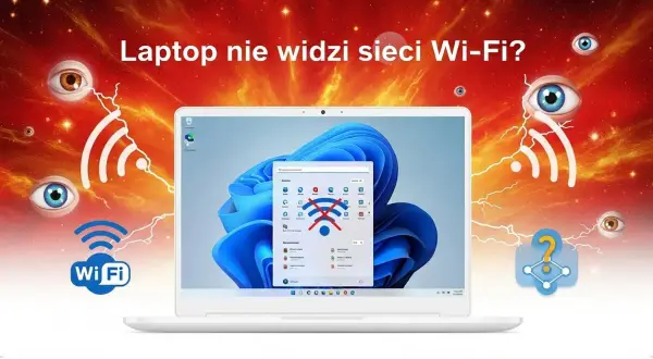Laptop nie widzi sieci Wi-Fi? Na ekranie okno z ikoną przekreślonego Wi-Fi, wokół migające oczy i sygnały sieci.