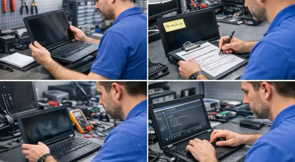 Technik przeprowadza pc health check, analizując kod na laptopie i wypełniając dokumentację.