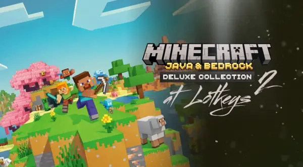 Postać Steve'a i Alex w świecie Minecraft, z logo "Java & Bedrock Deluxe Collection". Jaka jest najnowsza wersja Minecraft?