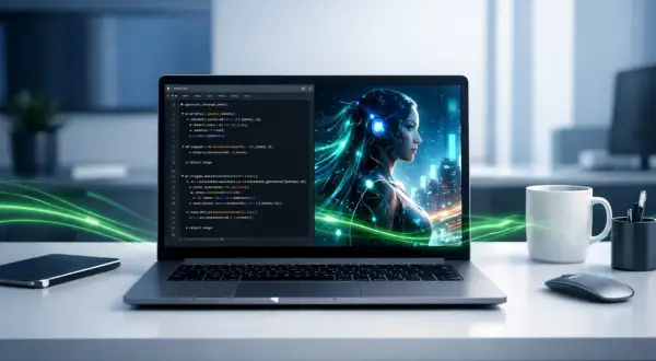 Laptop z kodem i portretem kobiety, symbolizującym halucynacje AI. Zielone linie energii oplatają ekran.