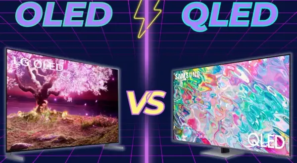 OLED vs QLED: telewizor LG OLED z kwitnącym drzewem kontra Samsung QLED z abstrakcyjnym obrazem. Który wybrać?