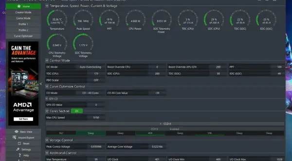 Ryzen Master pokazuje parametry procesora: temperaturę, napięcie, taktowanie i pobór mocy. Umożliwia też kontrolę nad podkręcaniem.