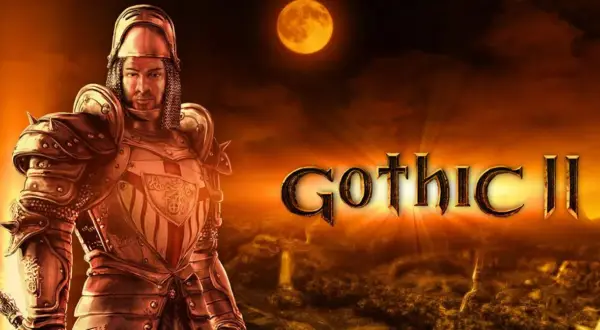 Rycerz w zbroi pod pełnią księżyca, obok napis Gothic II. Szukasz ułatwień w grze? Sprawdź gothic 2 kody!