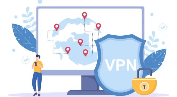 Człowiek z telefonem, mapa z pinezkami, tarcza z napisem VPN i kłódka symbolizują bezpieczeństwo w sieci, idealne dla vpn na telefon.
