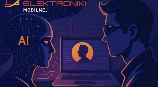 Centrum Elektroniki Mobilnej oferuje sztuczna inteligencja za darmo. Grafika przedstawia profil AI i człowieka patrzących na siebie nawzajem.