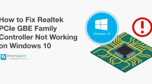 Naprawa kontrolera sieci Realtek PCIe GBE Family na Windows 10. Ikona Windows 10 i symbol błędu.
