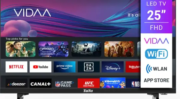 Telewizor 25" FHD z systemem vidaa, oferujący dostęp do Netflix, YouTube, Prime Video i wielu innych aplikacji.