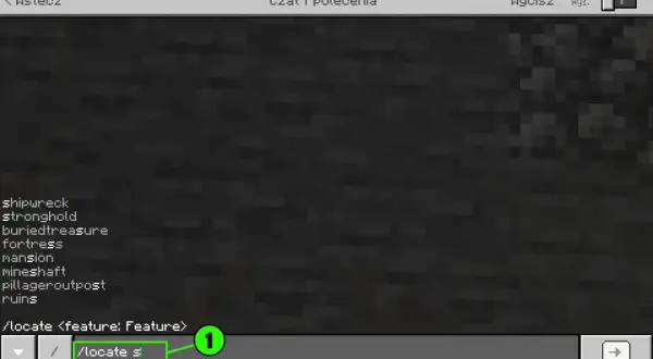 Wpisujesz komendy Minecraft, szukając np. stronghold. Widzisz listę struktur: shipwreck, stronghold, buriedtreasure, fortress, mansion, mineshaft, pillageroutpost, ruins.