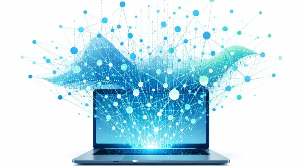 Laptop z siecią neuronową, symbolizującą zaawansowany tryb AI, rozprzestrzeniającą się w przestrzeni.