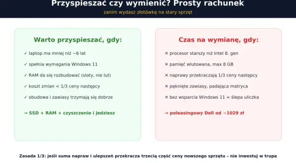 Kiedy warto przyspieszyć laptopa? Poradnik: mniej niż 6 lat, RAM do rozbudowy, koszt zmian < 1/3 ceny nowego. Inaczej wymiana.