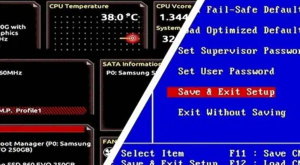 Ekran BIOS-u, pokazujący temperaturę CPU i opcje takie jak "Save & Exit Setup". To kluczowy krok, gdy zastanawiasz się, jak zaktualizować BIOS.