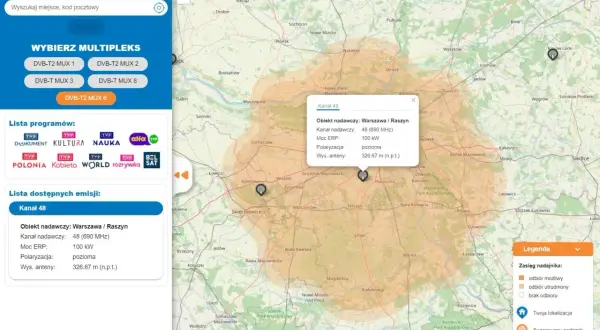 Mapa pokazuje zasięg nadajnika naziemnej telewizji cyfrowej. Widoczny jest obiekt nadawczy Warszawa/Raszyn, kanał 48, moc 100 kW.