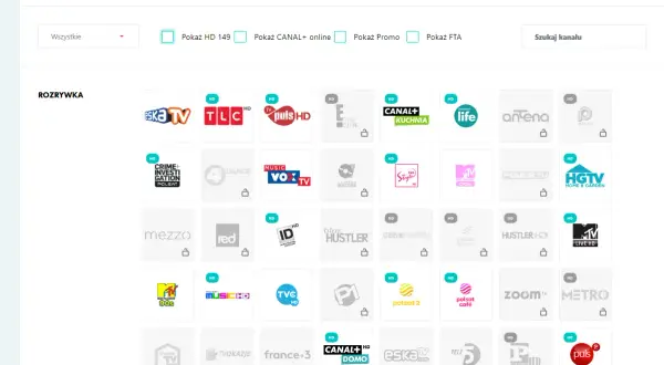 Siatka z logotypami kanałów telewizyjnych, m.in. Eska TV, TLC, Puls HD, Canal+ Kuchnia, Discovery Life.