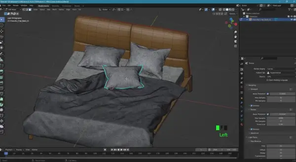 Model łóżka w programie Blender, z widocznymi siatkami i ustawieniami renderowania.