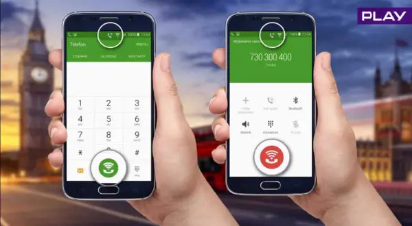 Dwa telefony z ikoną wifi calling play. Jeden pokazuje klawiaturę, drugi numer do wybrania.