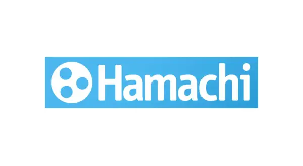 Logo Hamachi z trzema białymi kropkami w okręgu i napisem "Hamachi" na niebieskim tle.