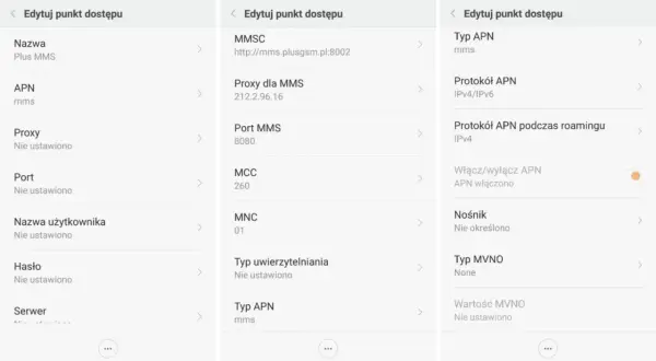 Ustawienia sieci komórkowej: nazwa "Plus MMS", APN "mms", protokół APN IPv4/IPv6, APN włączono.