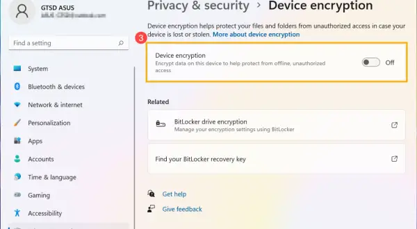 Ustawienia prywatności i zabezpieczeń w Windows 11, gdzie można włączyć szyfrowanie dysku BitLocker.