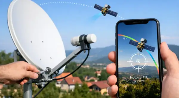 Ustawianie anteny satelitarnej Hotbird 13E. Aplikacja na telefonie pokazuje kąt ustawienia anteny satelitarnej.