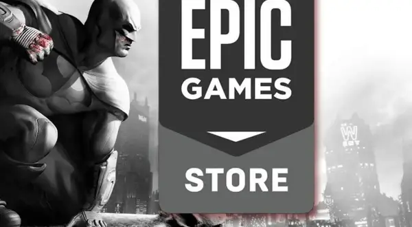Batman na dachu, obok logo Epic Games Store. Sprawdź darmowe gry Epic Games!