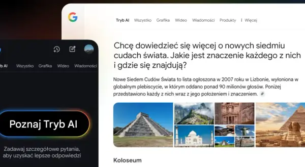 Interfejs wyszukiwarki Google z aktywnym "Tryb AI". Widoczna jest grafika z pytaniem o nowe cuda świata i ich lokalizację.
