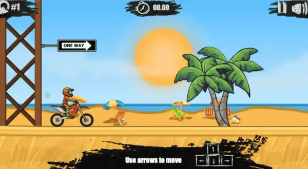 Motocyklista na plaży, gra dla dzieci, idealna do gry bez internetu. Sterowanie strzałkami.