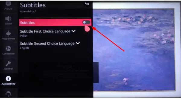 Menu telewizora: jak wyłączyć napisy. Przełącznik "Napisy" jest włączony.