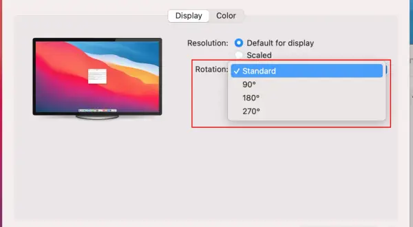 Ustawienia ekranu pokazują, jak obrócić ekran w laptopie. Dostępne opcje to Standard, 90°, 180° i 270°.