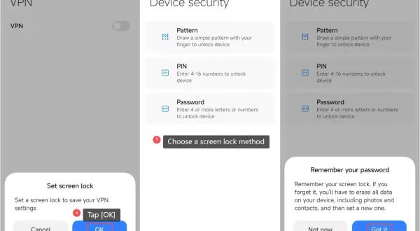 Ustawianie blokady ekranu dla bezpieczeństwa VPN na Androidzie. Wybierz metodę blokady, np. PIN.