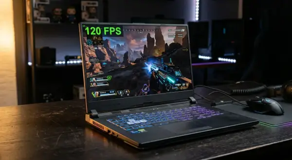 Laptop z podświetlaną klawiaturą gra w grę akcji przy 120 FPS. W tle widać półki z figurkami. Intel UHD Graphics zapewnia płynną rozgrywkę.
