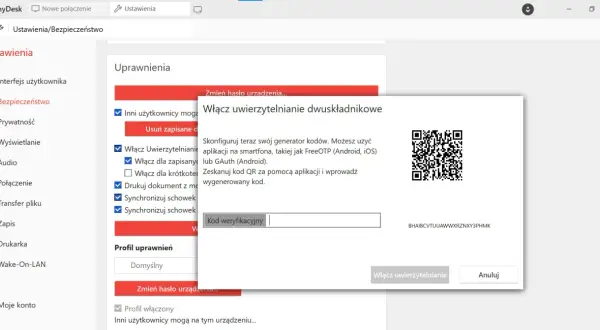 Konfiguracja uwierzytelniania dwuskładnikowego w AnyDesk. Skanowanie kodu QR do udostępnianie ekranu.