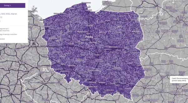 Mapa zasięgu sieci komórkowej w Polsce. Fioletowe obszary oznaczają dobry zasięg wewnątrz i na zewnątrz budynków, jaśniejsze fioletowe – dobry zasięg na zewnątrz. Sprawdź, jaka sieć ma najlepszy zasięg w Twojej okolicy.