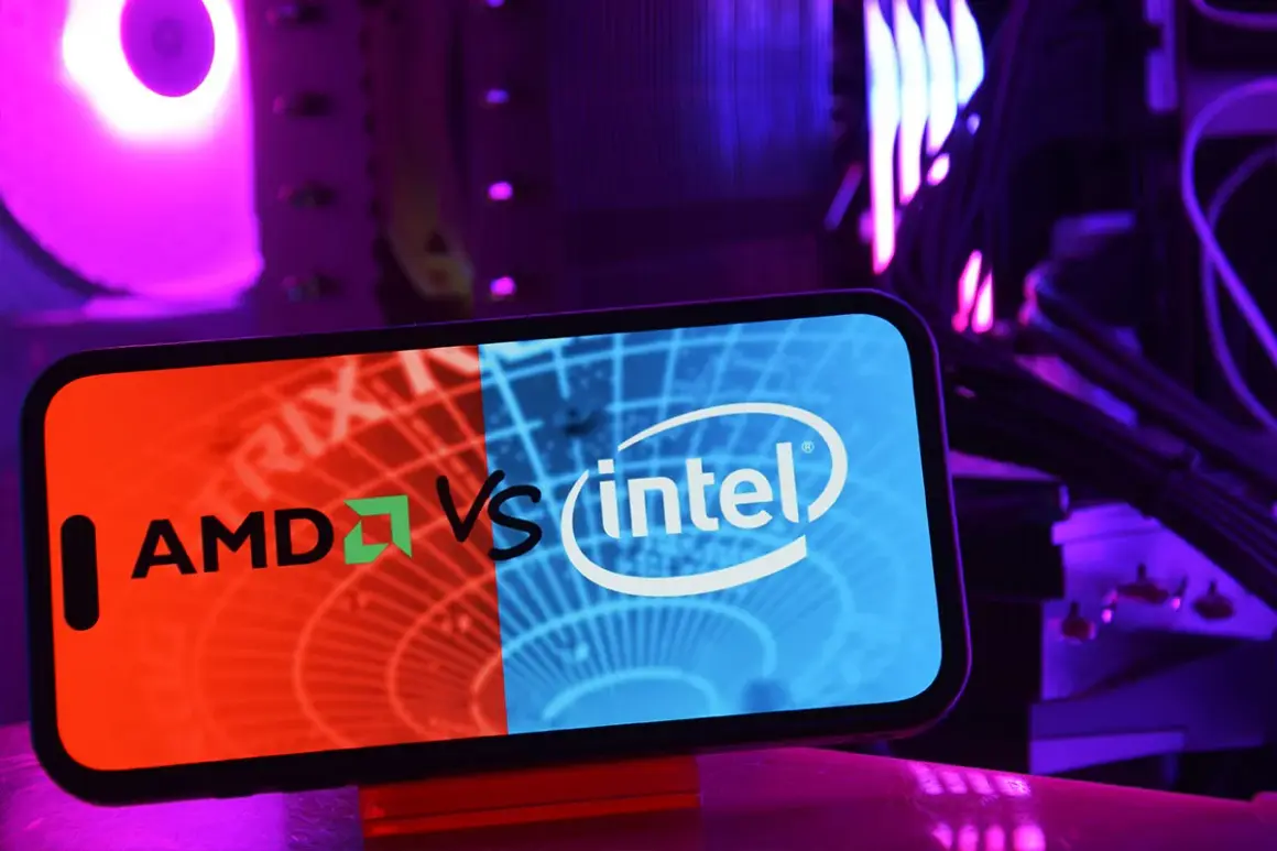 Telefon z logo AMD vs Intel na tle podświetlonego komputera. Który procesor intel czy amd wybierzesz?
