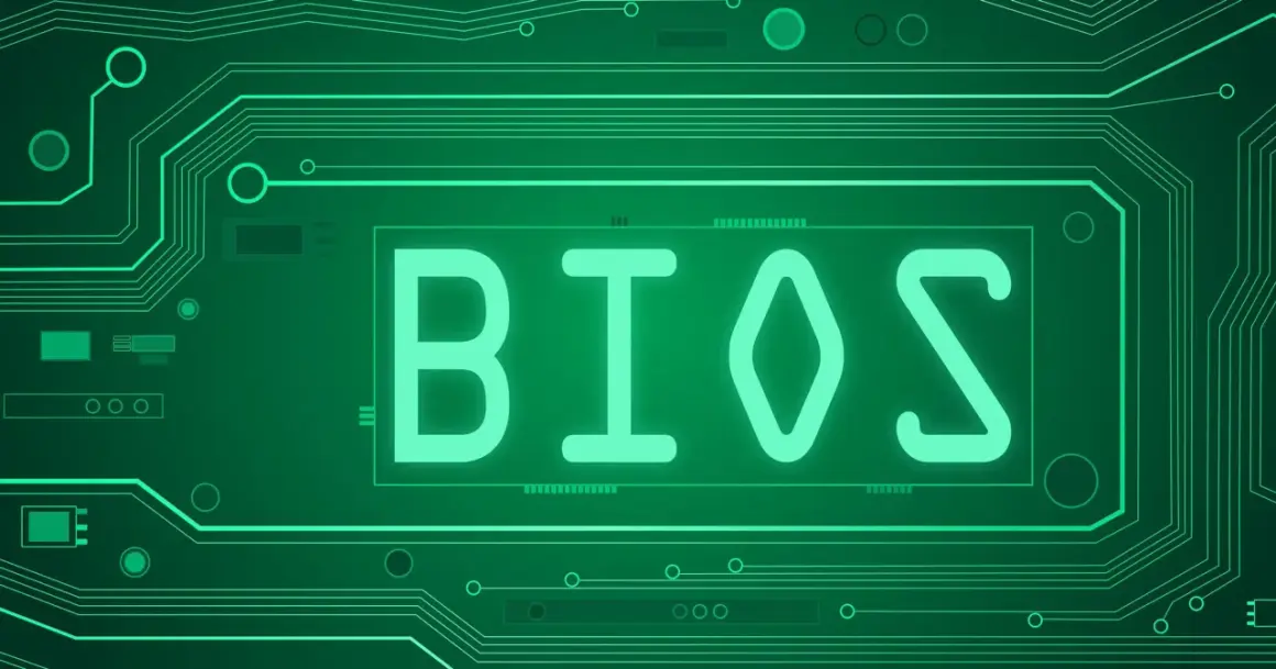 Zielone linie obwodu drukowanego tworzą tło dla neonowego napisu BIOS.