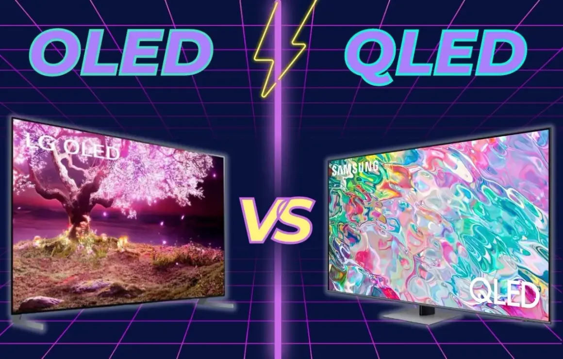 OLED vs QLED: telewizor LG OLED z kwitnącym drzewem kontra Samsung QLED z abstrakcyjnym obrazem. Który wybrać?
