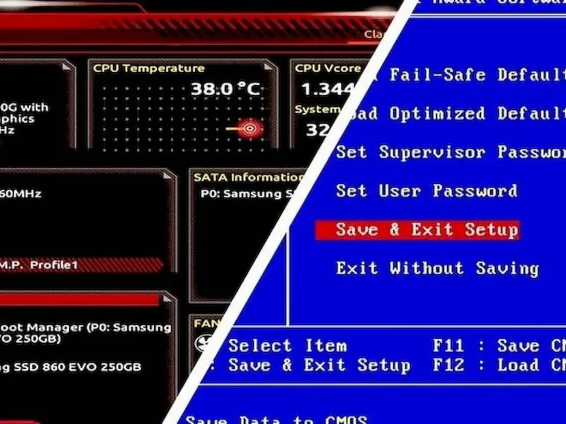 Ekran BIOS-u, pokazujący temperaturę CPU i opcje takie jak "Save & Exit Setup". To kluczowy krok, gdy zastanawiasz się, jak zaktualizować BIOS.