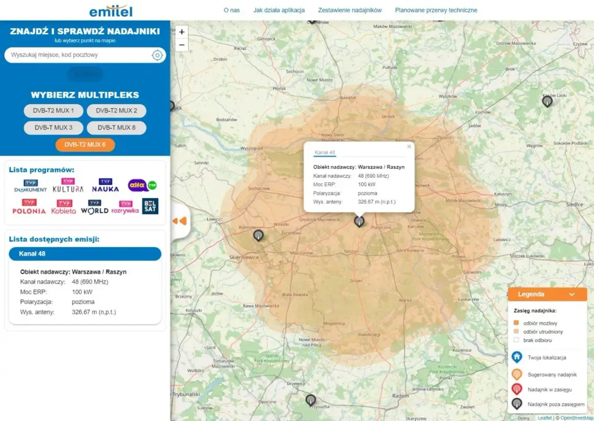 Mapa pokazuje zasięg nadajnika naziemnej telewizji cyfrowej. Widoczny jest obiekt nadawczy Warszawa/Raszyn, kanał 48, moc 100 kW.