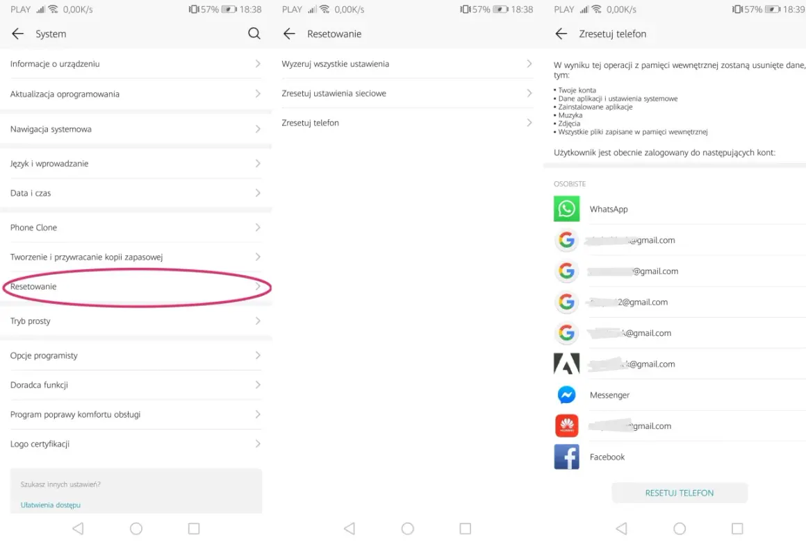Ekran telefonu z opcją "Resetowanie" i listą kont Google, pokazujący jak wylogować się z konta Google przez reset telefonu.